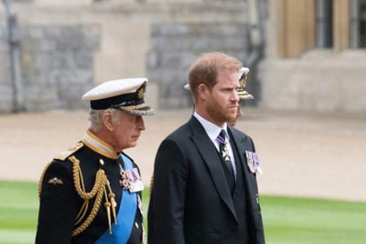 King Charles, who a former butler says is till looking after Prince Harry, at Queen Elizabeth's funeral with his son