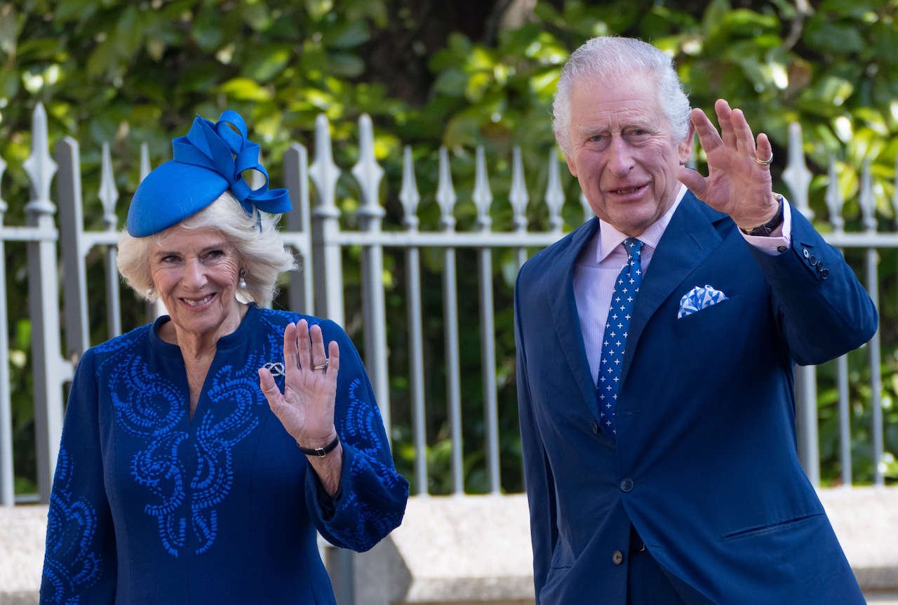 King Charles III and Camilla, Queen Consort attend the Easter Mattins Service at St George's Chapel at Windsor Castle on April 9, 2023, in Windsor, England.