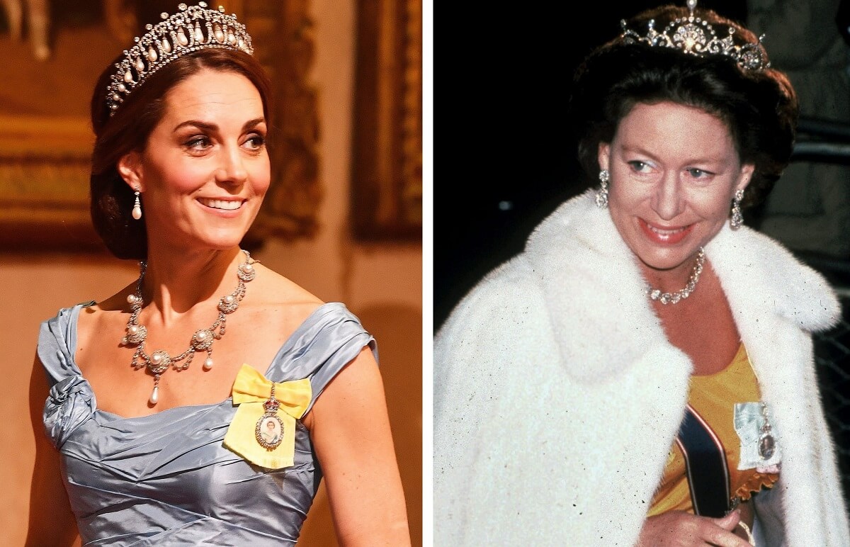 (L): Kate Middleton smiles during banquet at Buckingham Palace, (R): Princess Margaret smiles at event in London