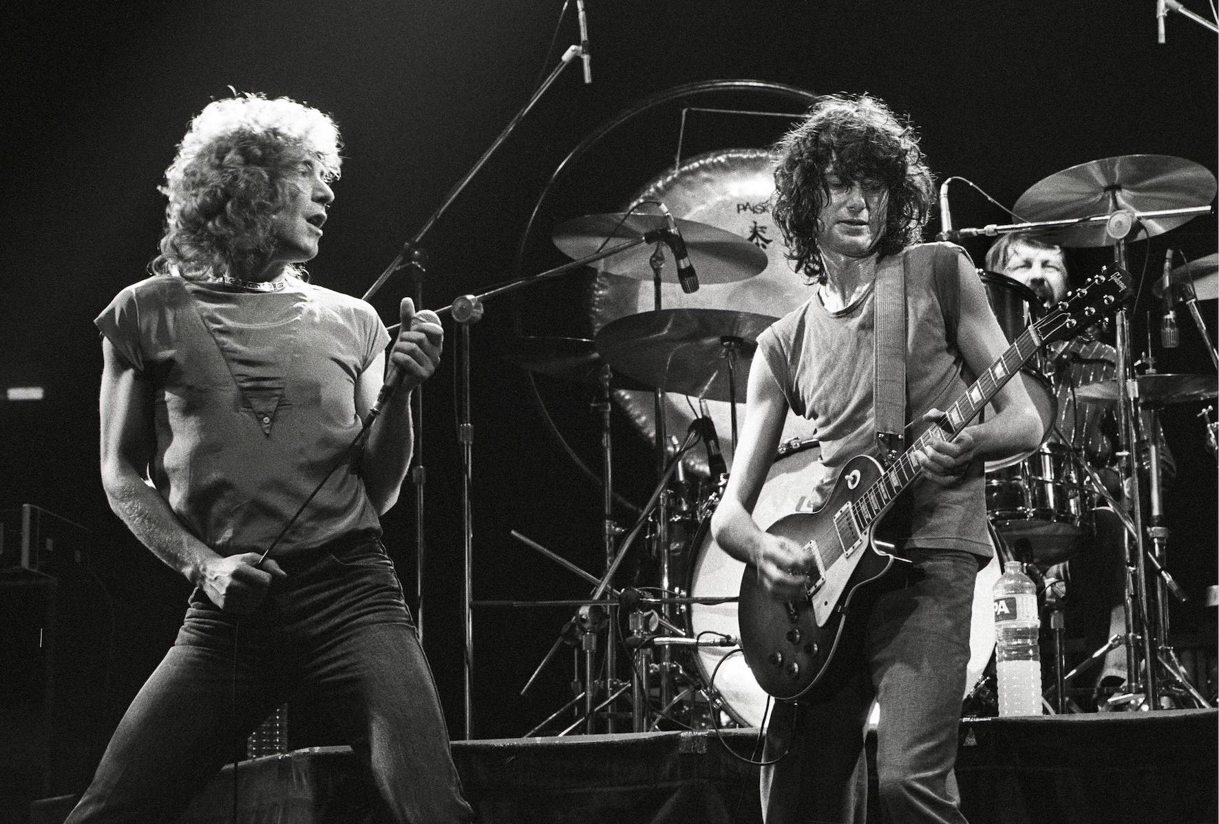 Jimmy Page and Robert Plant of Led Zeppelin performing in the Netherlands