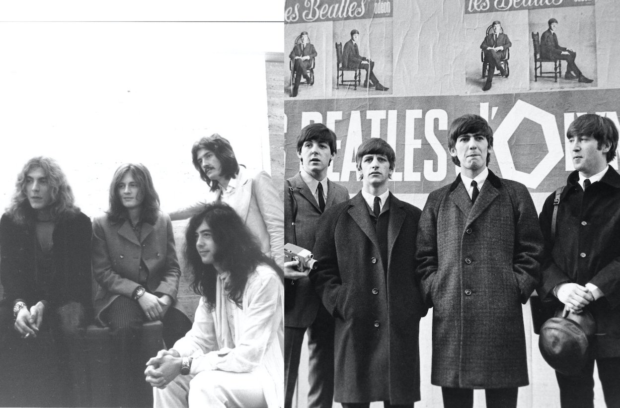 (from left) Led Zeppelin members Robert Plant, John Paul Jones, Jimmy Page and John Bonham; Beatles members Paul McCartney, Ringo Starr, George Harrison and John Lennon in 1964.