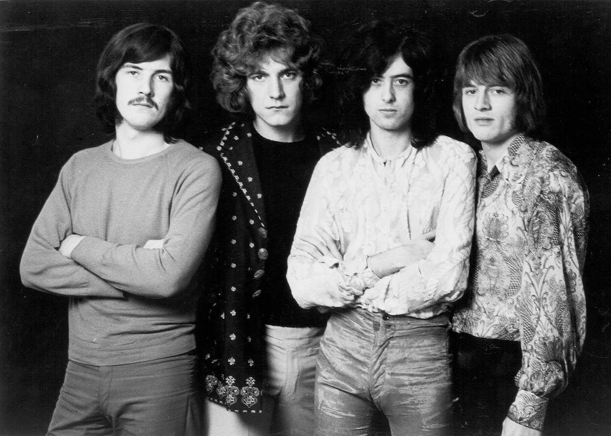 Led Zeppelin members (from left) John Bonham, Robert Plant, Jimmy Page, and John Paul Jones stand shoulder to shoulder in a 1968 portrait.