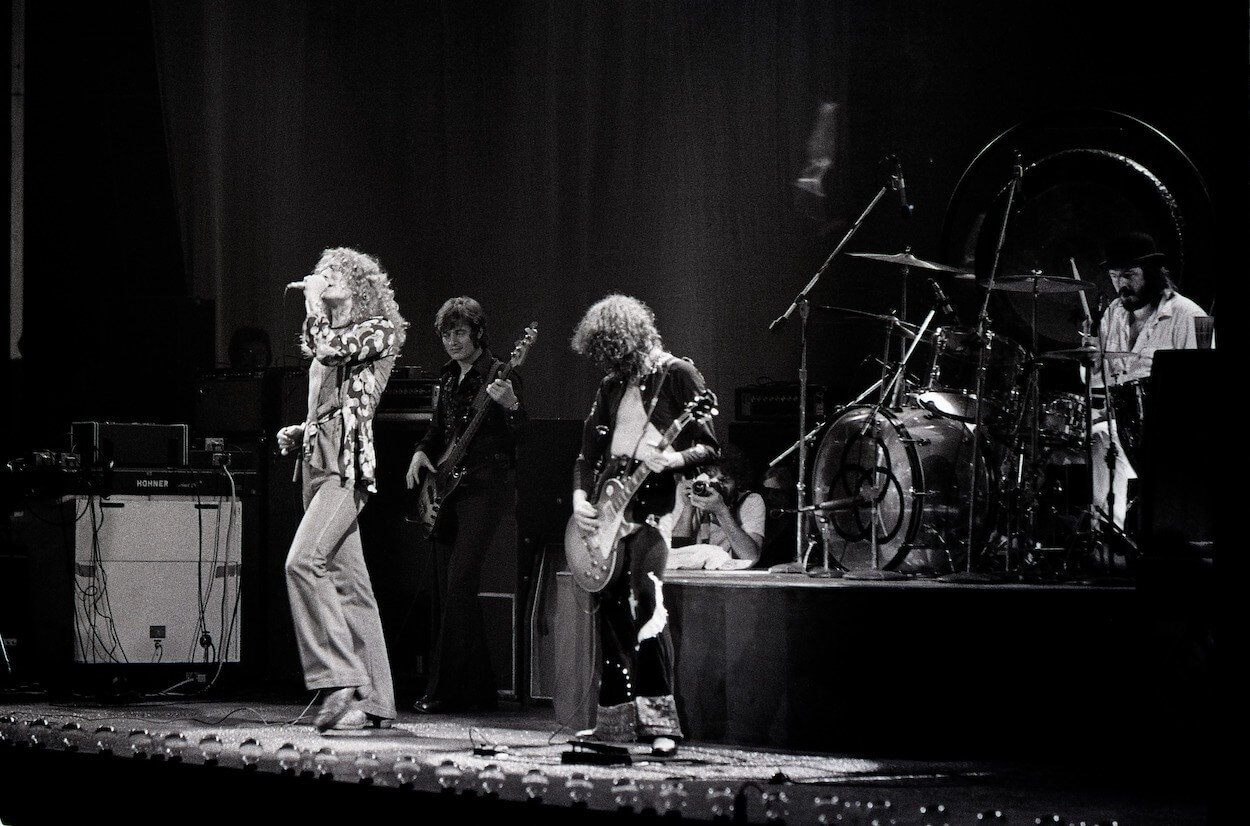 Led Zeppelin members (from left) Robert Plant, John Paul Jones, Jimmy Page, and John Bonham perform during a 1975 concert.