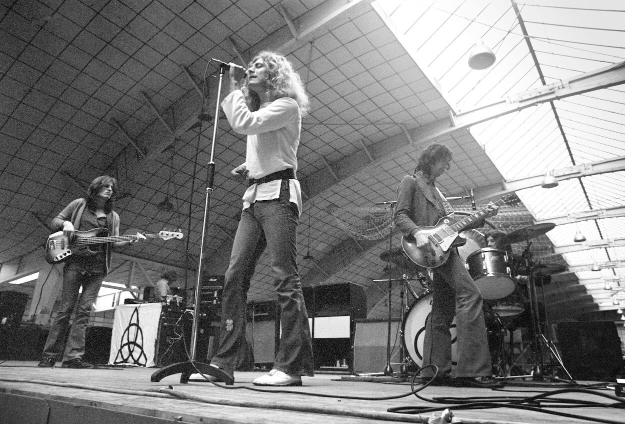 Led Zeppelin's John Paul Jones, Robert Plant, Jimmy Page, and John Bonham rehearsing on stage before a 1972 concert in the Netherlands.