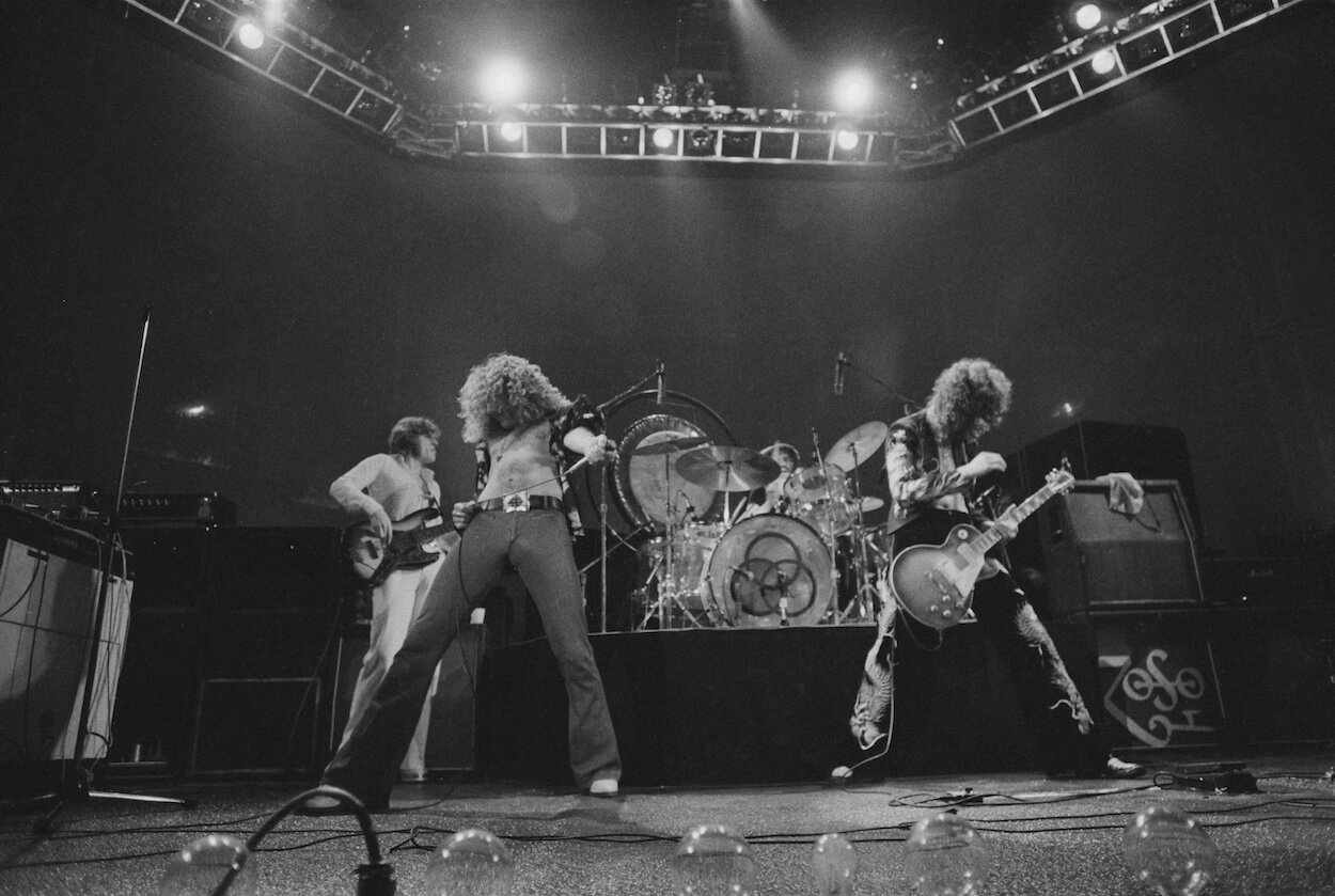 Led Zeppelin members (from left) John Paul Jones, Robert Plant, John Bonham, and Jimmy Page perform at Earl's Court in London in 1975.