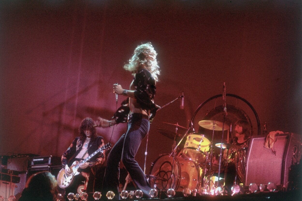 Led Zeppelin members (from left) Jimmy Page, Robert Plant, and John Bonham perform in 1977.