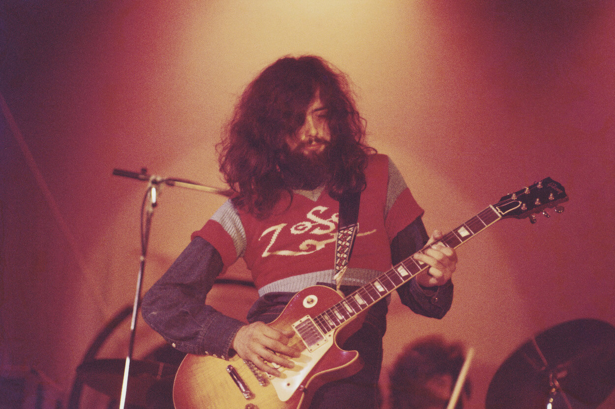 Led Zeppelin's Jimmy Page plays a Gibson Les Paul guitar while performing during a 1971 concert.
