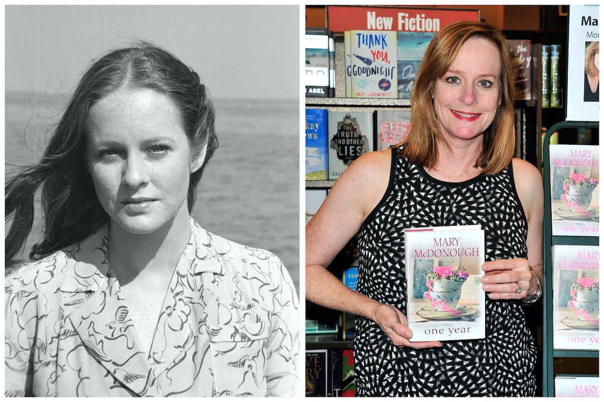 Black and white photo of Mary McDonough standing on a beach in 'The Waltons' next to photo of McDonough holding her book 'One Year'