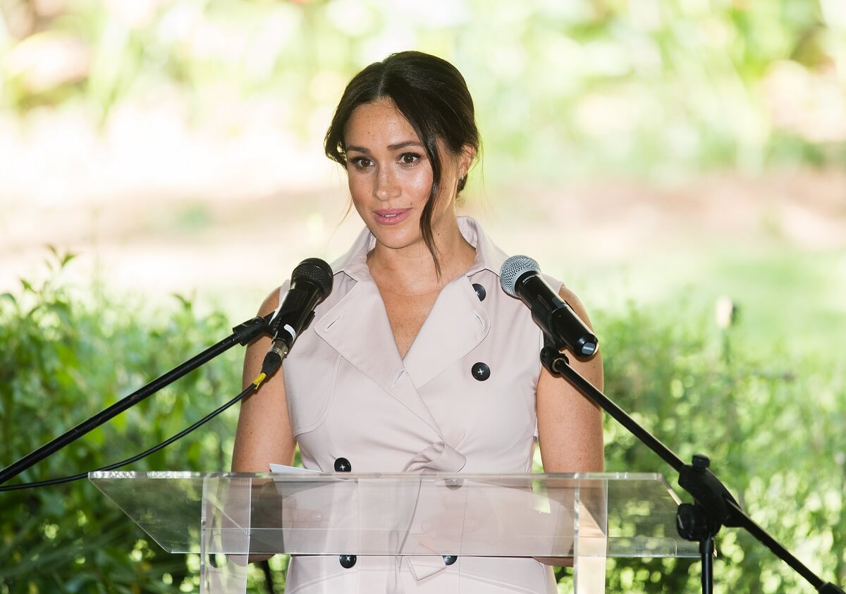 Meghan Markle gives a speech as she visits the British High Commissioner's residence in South Africa