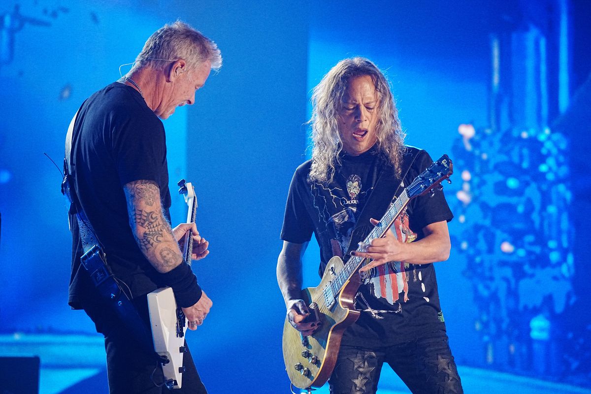 James Hetfield and Kirk Hammett of Metallica perform onstage