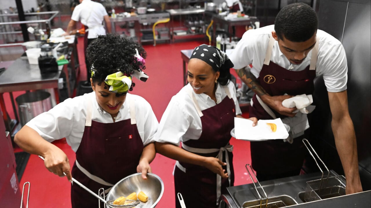 'Next Level Chef' Season 2 contestants Nuri Muhammad, Omi Hopper, and Pilar Omega in the kitchen