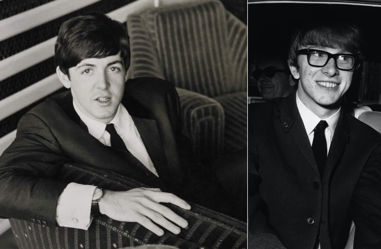 Paul McCartney wears a dark suit while sitting in a chair for a posed photo; Peter Asher smiles and looks off in the distance.