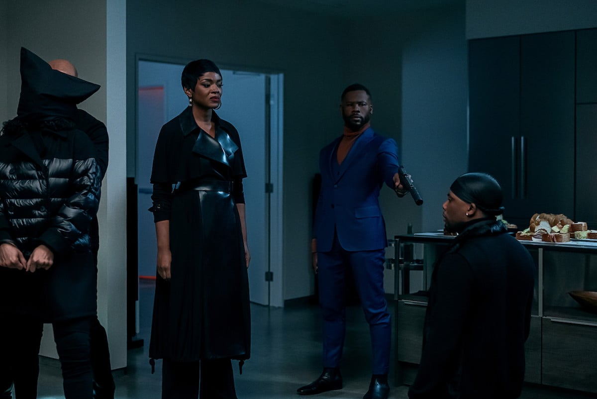 Caroline Chikezie as Noma, Kyle Vincent Terry as Obi and Woody Mcclain as Cane Tejada having a tense conversation in 'Power Book II: Ghost'