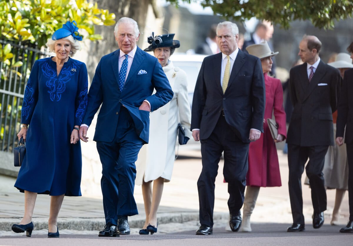 King Charles III, Camilla, Queen Consort, Princess Anne, Princess Royal, Prince Andrew, Duke of York, Sophie, Duchess of Edinburgh and Prince Edward, Duke of Edinburgh attend the Easter Mattins Service at Windsor Castle on April 09, 2023 in Windsor, England