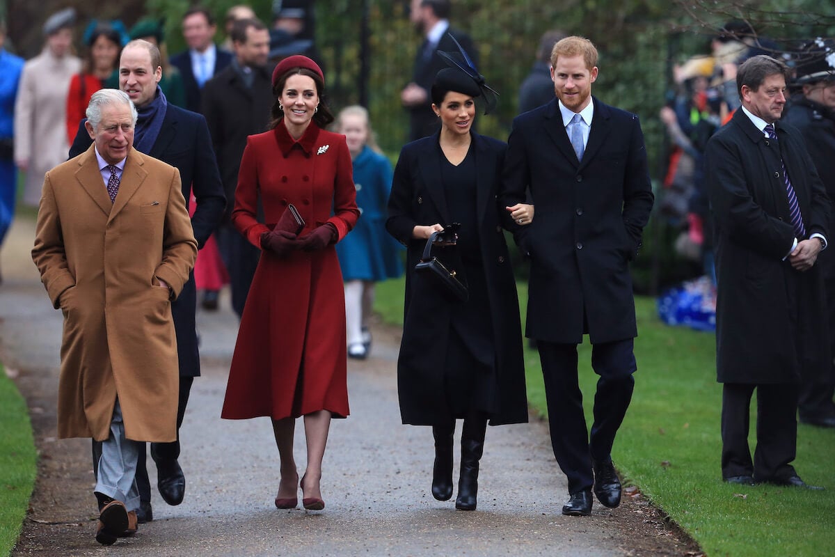 Prince Harry, whose phone-hacking lawsuits may worsen royal family relations, walks with King Charles III, Prince William, Kate Middleton, and Meghan Markle