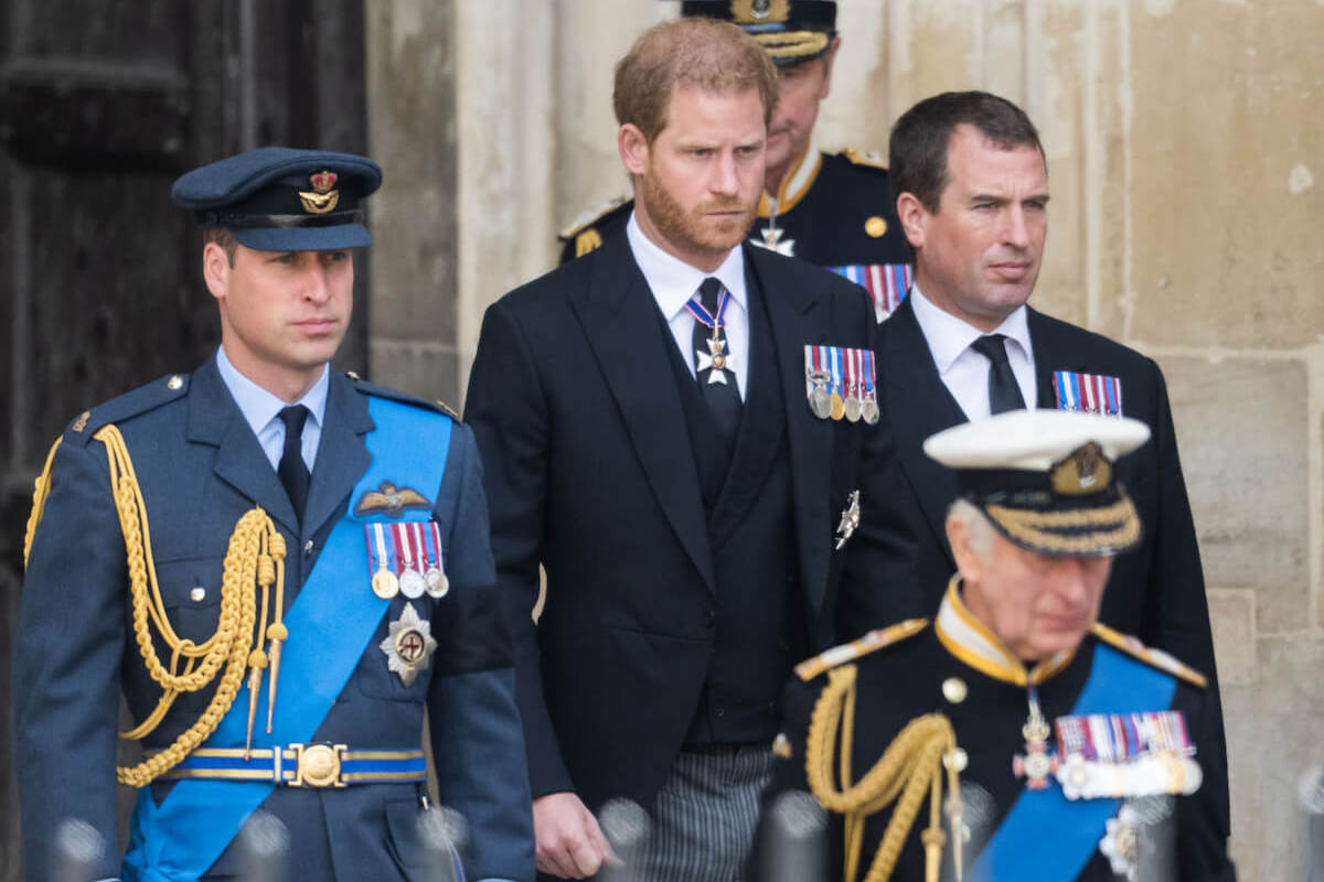 Prince Harry and Prince William, whose 'level of belligerence' has 'shocked' their father, walk with Peter Phillips and King Charles III