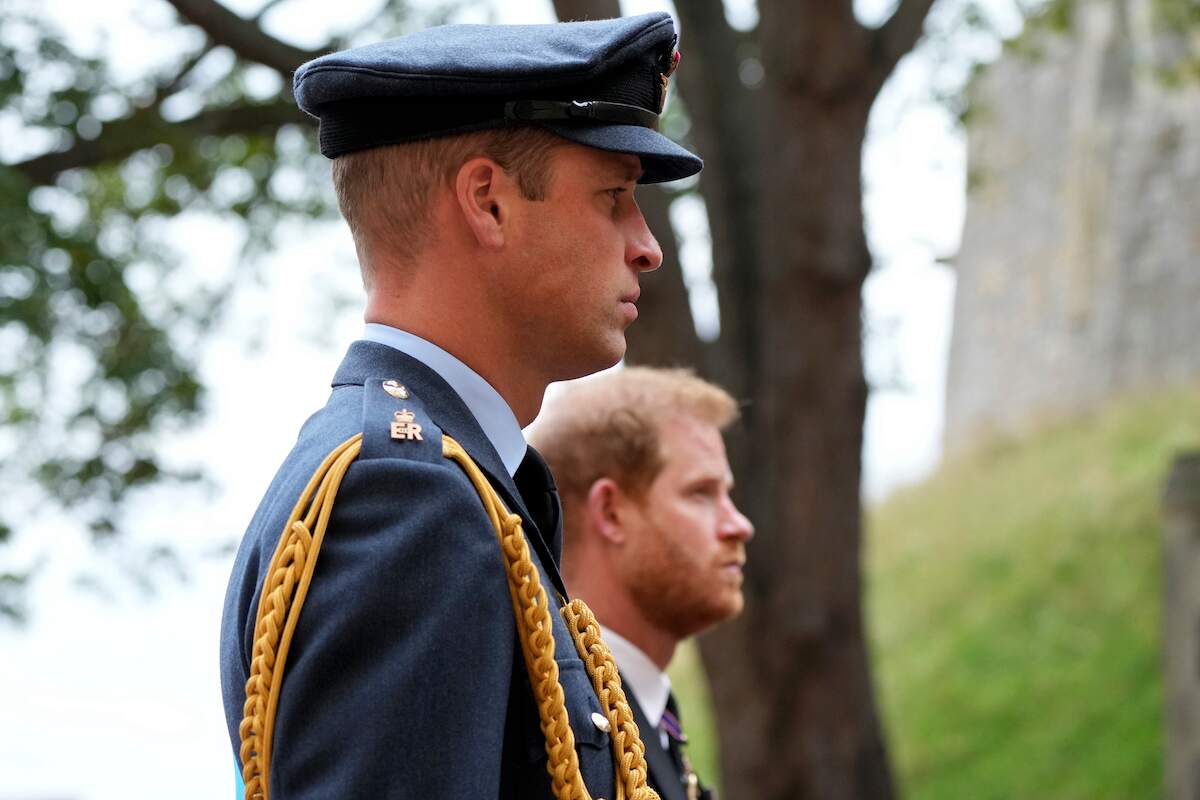 Brothers Prince William and Prince Harry follow the hearse with the coffin of Queen Elizabeth II