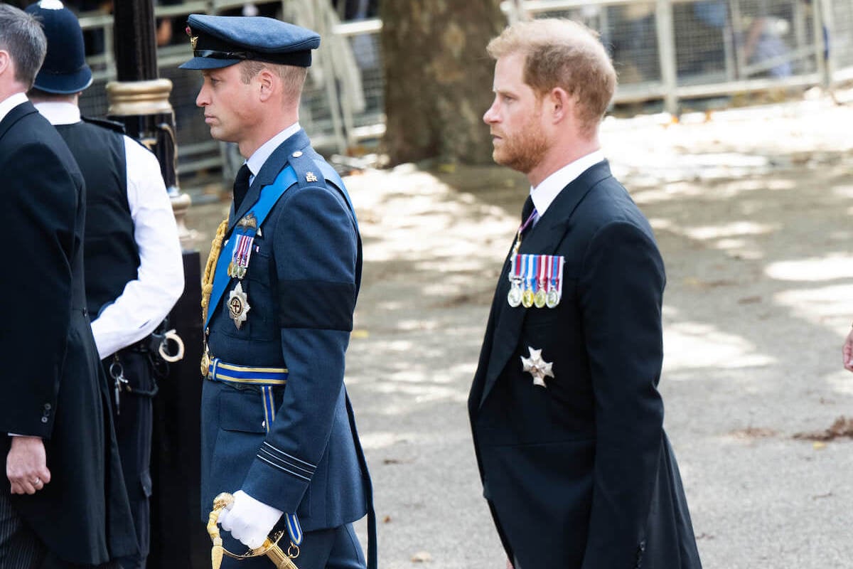Prince William, whose 'work-shy' criticism he and Prince Harry have discussed, walks with Prince Harry
