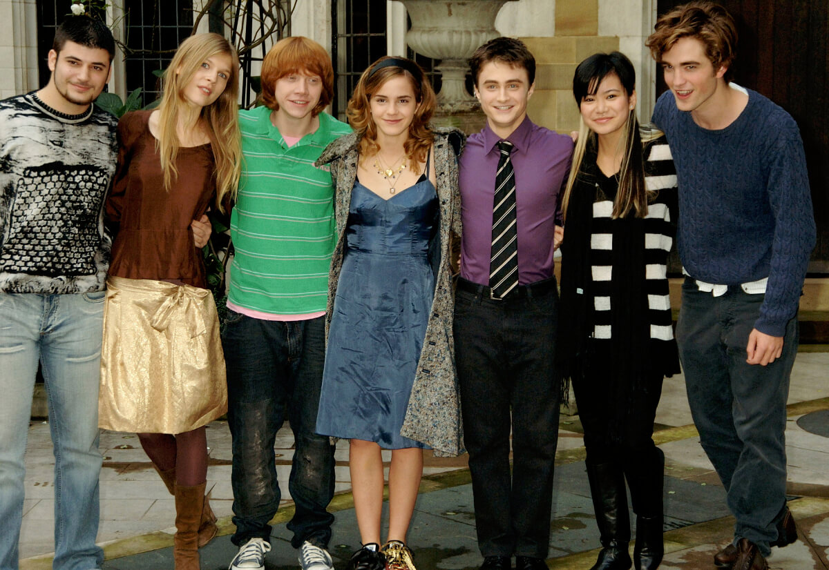 Actors Stanislav Ianevski, Clemence Poesy, Rupert Grint, Emma Watson, Daniel Radcliffe, Katie Leung and Robert Pattinson attend the photocall for the latest Harry Potter film "Harry Potter And The Goblet Of Fire" at Merchant Taylors' Hall on October 25, 2005 in London, England.