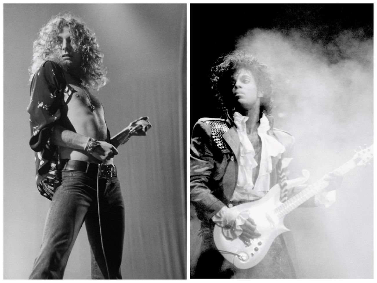 A black and white picture of Robert Plant holding a microphone with his shirt open. Prince plays guitar and wears a ruffled shirt and jacket.