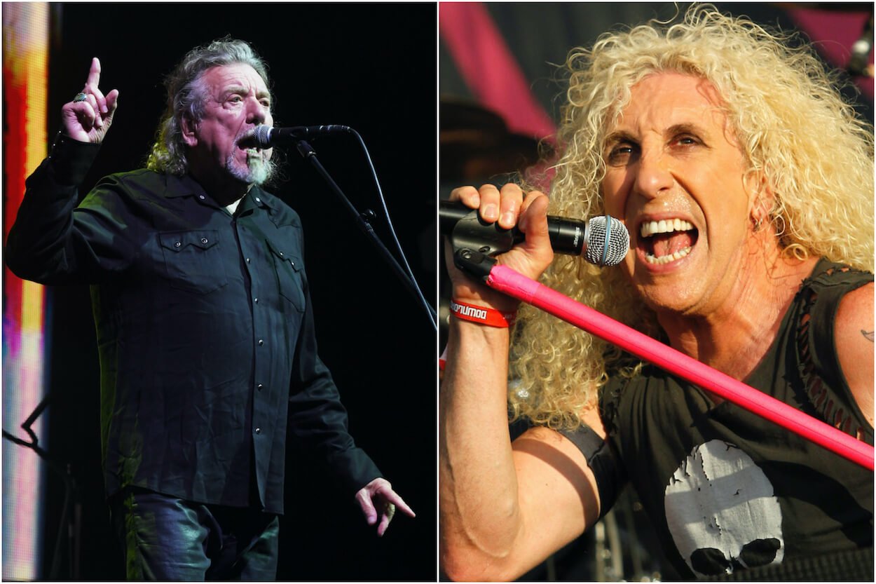 Led Zeppelin singer Robert Plant wears black while performing in 2022; Twisted Sister frontman Dee Snider in a tank top during a 2011 concert.