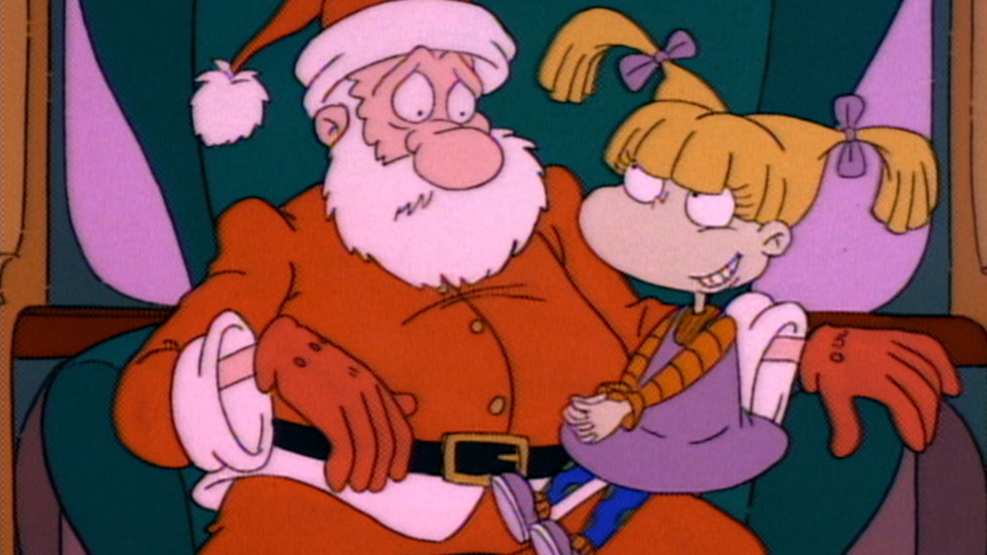 'Rugrats' Santa and Angelica Pickles. Angelica is sitting on his lap, smiling. He's looking at her with a concerned expression.