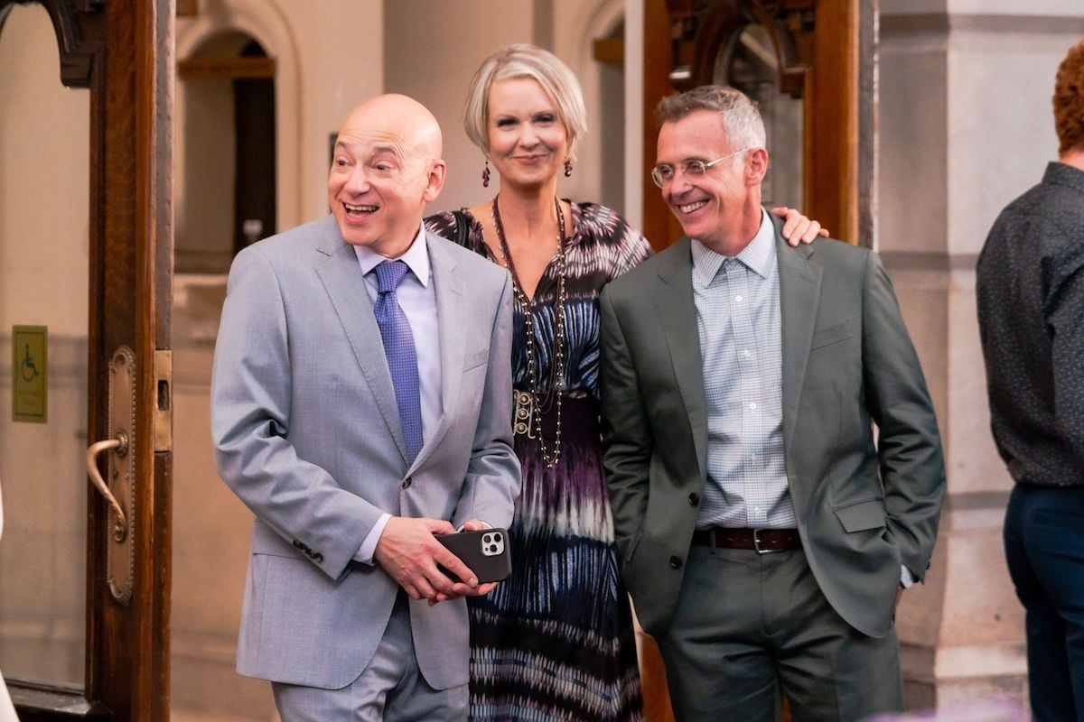 Evan Handler, Cynthia Nixon and David Eigenberg smiling are seen filming "And Just Like That..." the follow up series to "Sex and the City"