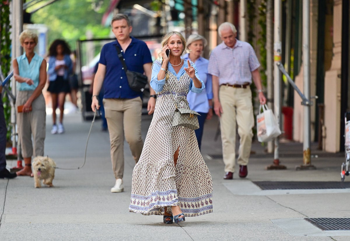 Sarah Jessica Parker seen on the set of "And Just Like That..." the follow up series to "Sex and the City" wearing in a long dress