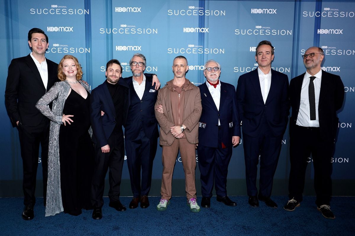 The cast of "Succession" pose for a photo at the series' Season 4 Premiere.