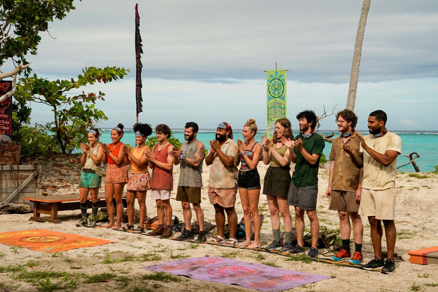 Heidi Lagares-Greenblatt, Jaime Lynn Ruiz, Lauren Harpe, Carson Garrett, Danny Massa, Yamil 'Yam Yam' Arocho, Carolyn Wiger, Frannie Marin, Matt Blankinship, Kane Fritzler, and Brandon Cottom line up at the Immunity Challenge on the beach in 'Survivor 44' Episode 7 on CBS.