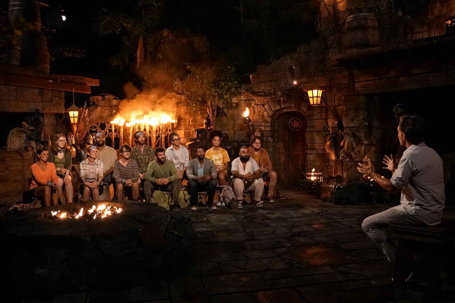 Jaime Lynn Ruiz, Frannie Marin, Carolyn Wiger, Brandon Cottom, Carson Garrett, Matt Blankinship, Danny Massa, Josh Wilder, Lauren Harpe, Yam Yam Arocho, Kane Fritzler, and Jeff Probst at Tribal Council in the CBS reality competition show 'Survivor 44.'