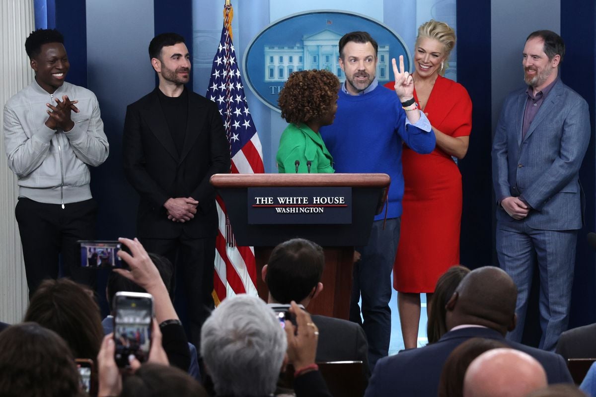 The cast of "Ted Lasso" at a White House press briefing.
