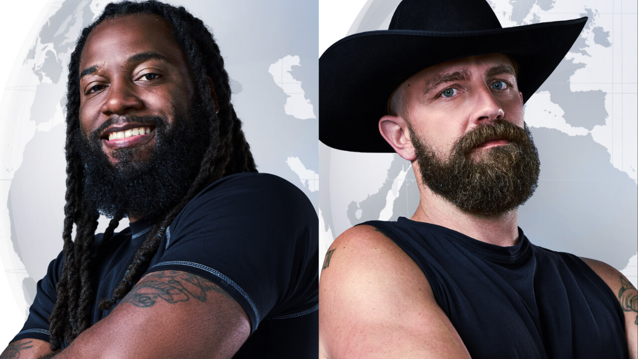 Danny McCray and Ben Driebergen posing for 'The Challenge: World Championship' cast photos