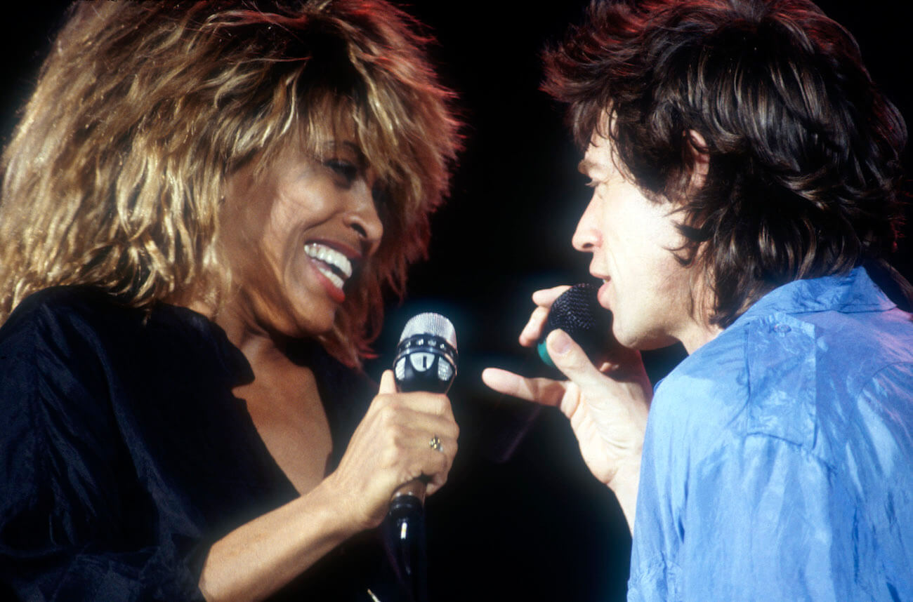 Tina Turner and Mick Jagger rehearsing for Live Aid in 1985.