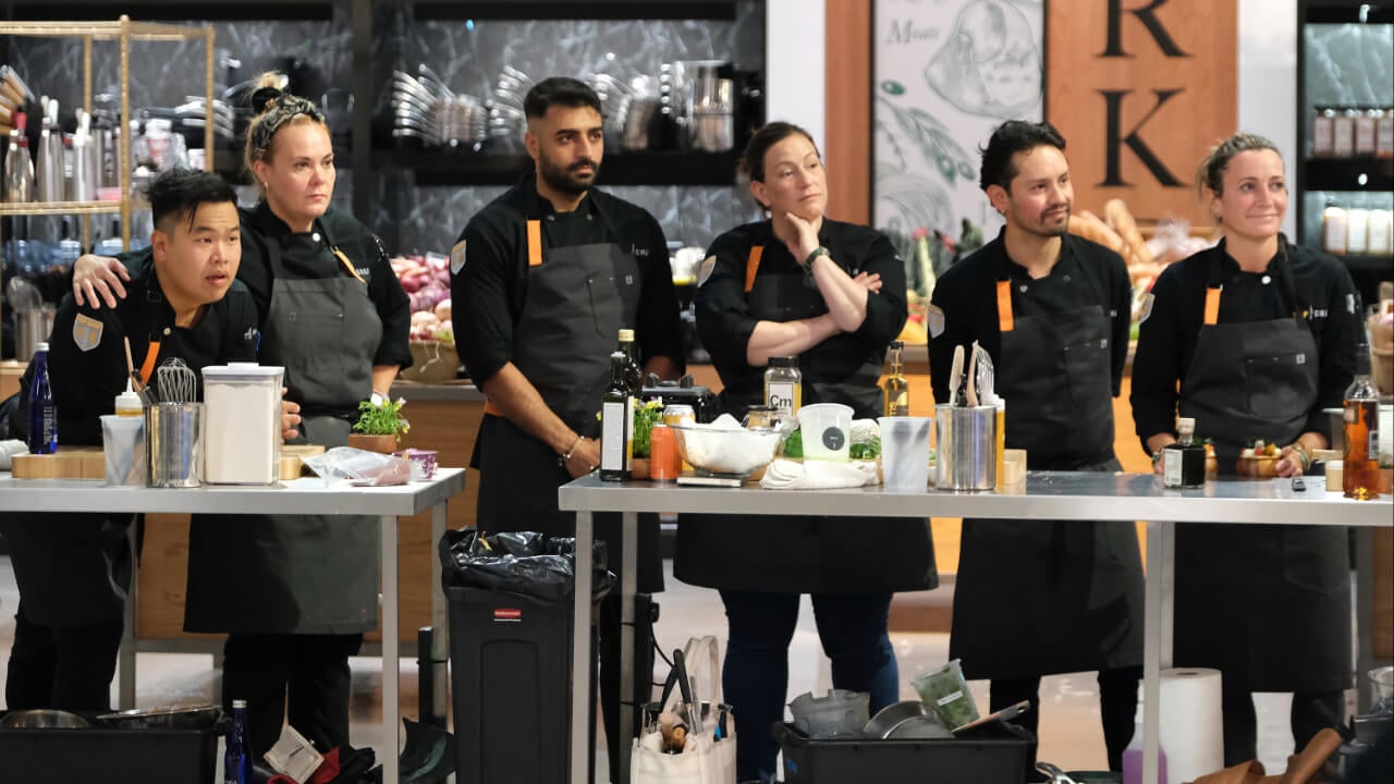 'Top Chef: World All Stars' contestants Buddha Lo, Sylwia Stachyra, Ali Al Ghzawi, Sara Bradley, Gabriel Rodriguez, Begoña Rodrigo standing next to each other