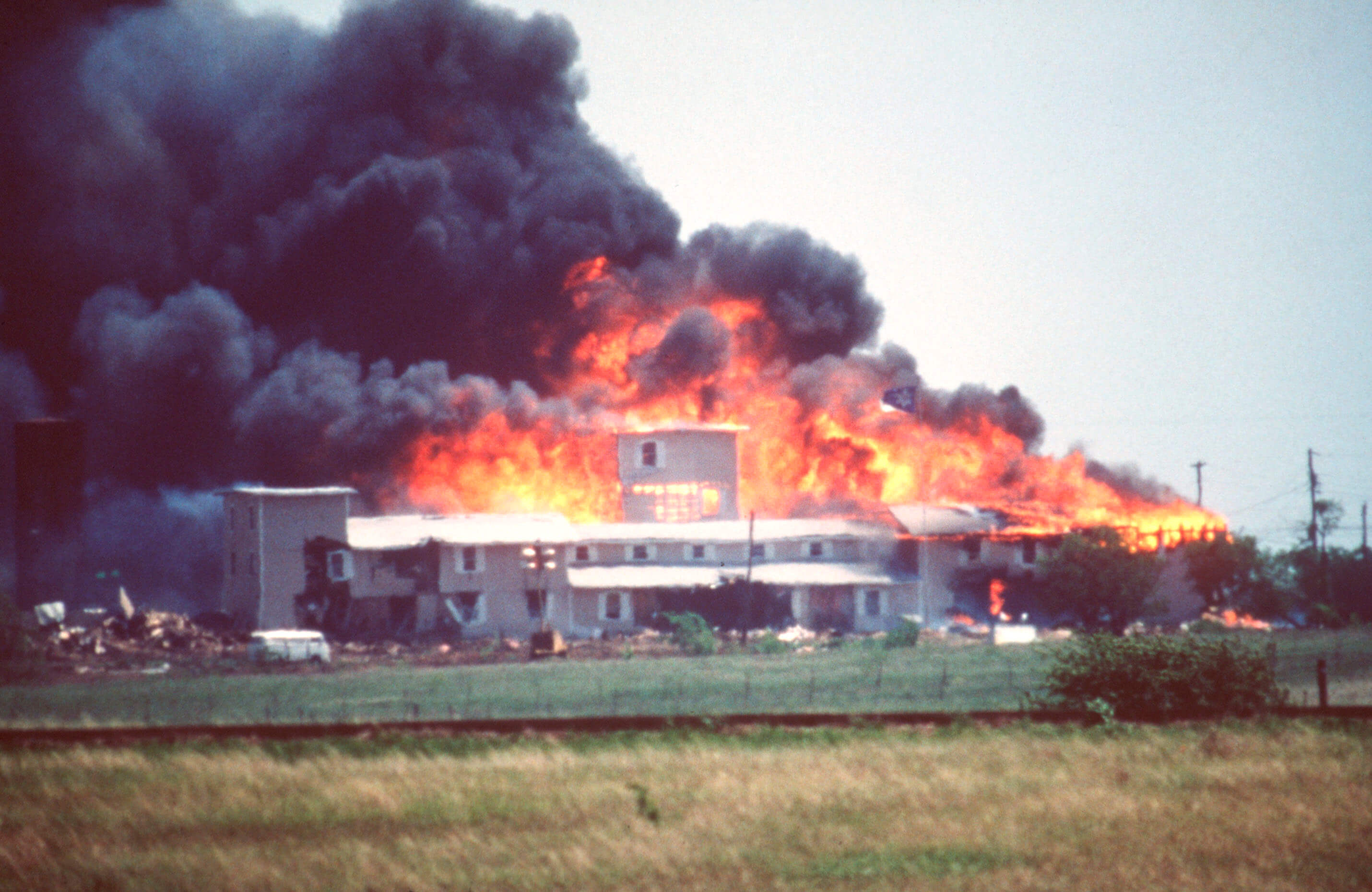The Branch Davidian compound on fire during the Waco siege