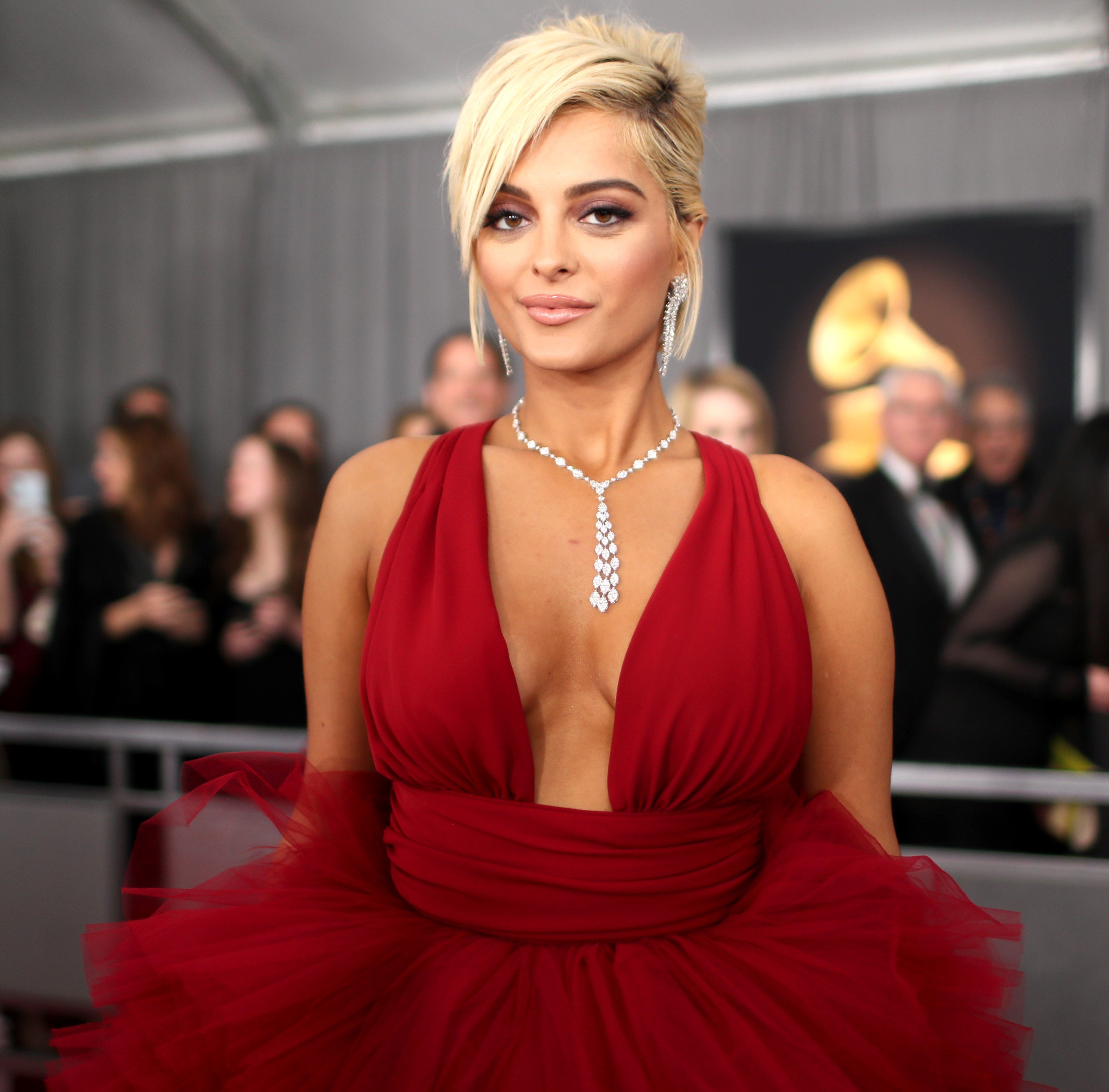 "I'm Good (Blue)" singer Bebe Rexha in a red dress