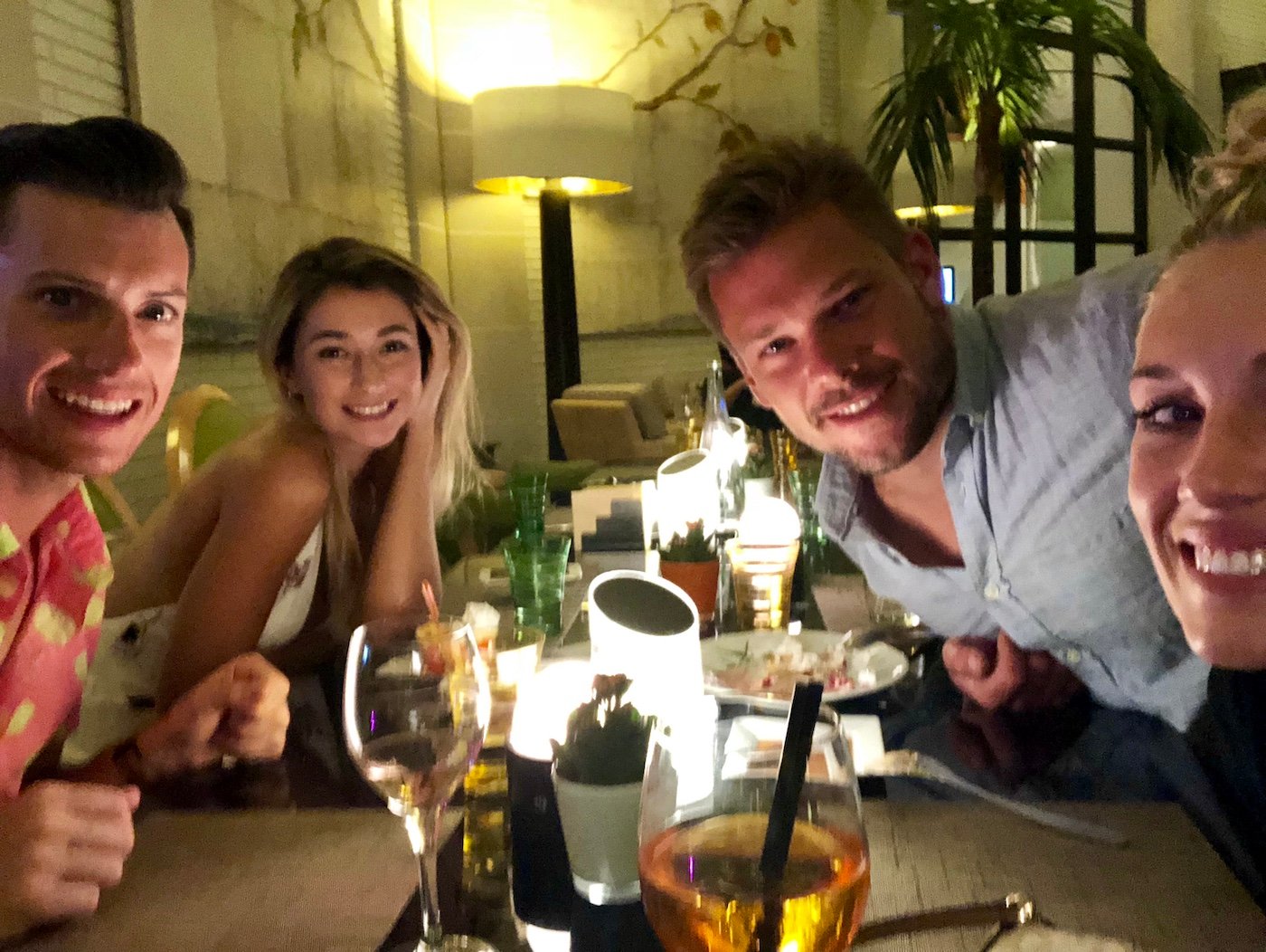 Colin Macy-O'Toole, Anastasia Surmava, Joao Franco, and June Foster at dinner