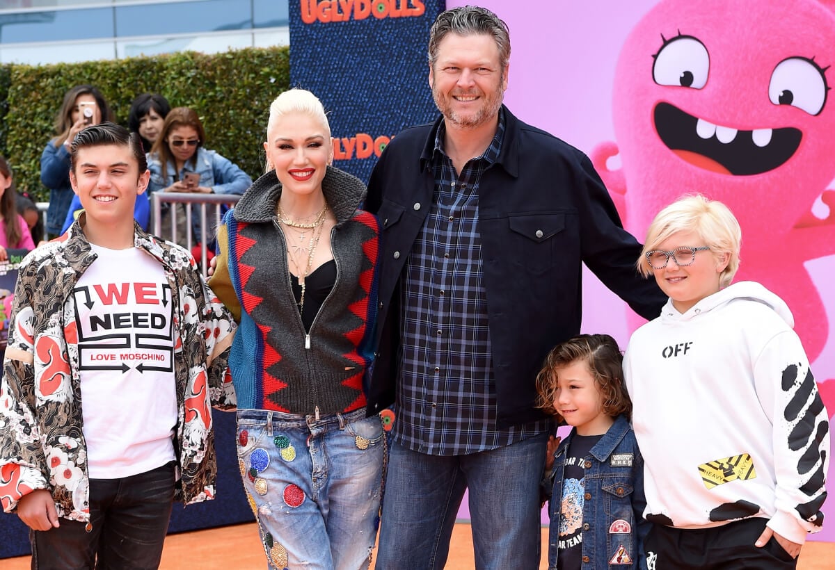 Kingston Rossdale, Gwen Stefani, Blake Shelton, Apollo Bowie Flynn Rossdale, and Zuma Nesta Rock Rossdale attend STX Films World Premiere of "UglyDolls" at Regal Cinemas L.A. Live on April 27, 2019 in Los Angeles, California