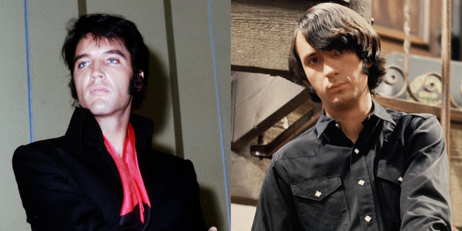 Elvis Presley and Mike Nesmith in side-by-side images, both taken in the 1960s.