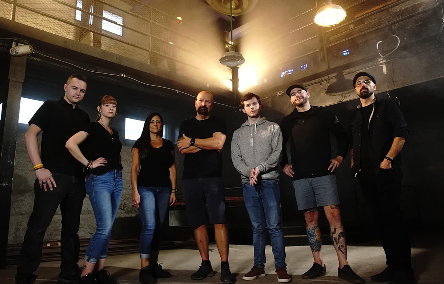 Ghost Hunters team members Cody DesBiens, Satori Hawes, Shari DeBenedetti, Jason Hawes, Chandler Riggs, Steve Gonsalves, and Dave Tango prepare to investigate The Bastille.