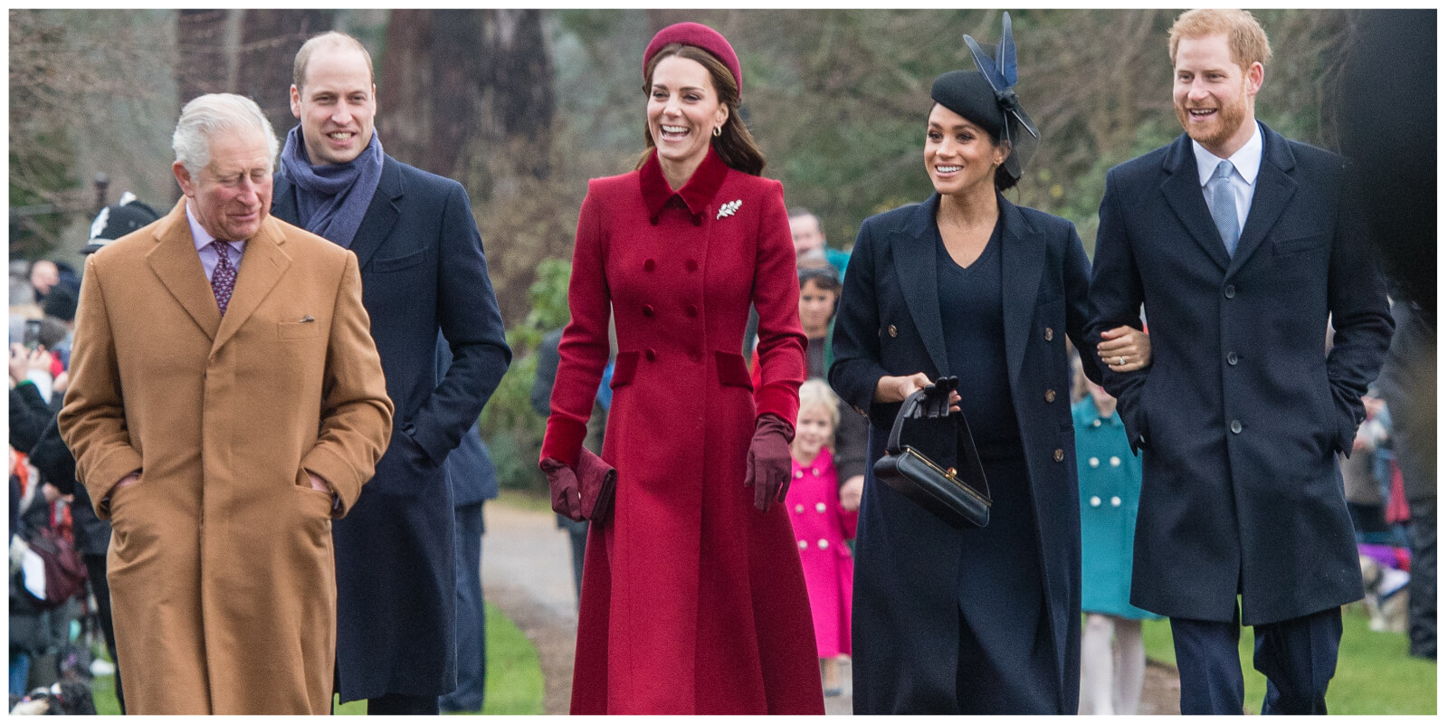 King Charles, Prince William, Kate Middleton, Meghan Markle, and Prince Harry at Christmas Day Church service in 2018.
