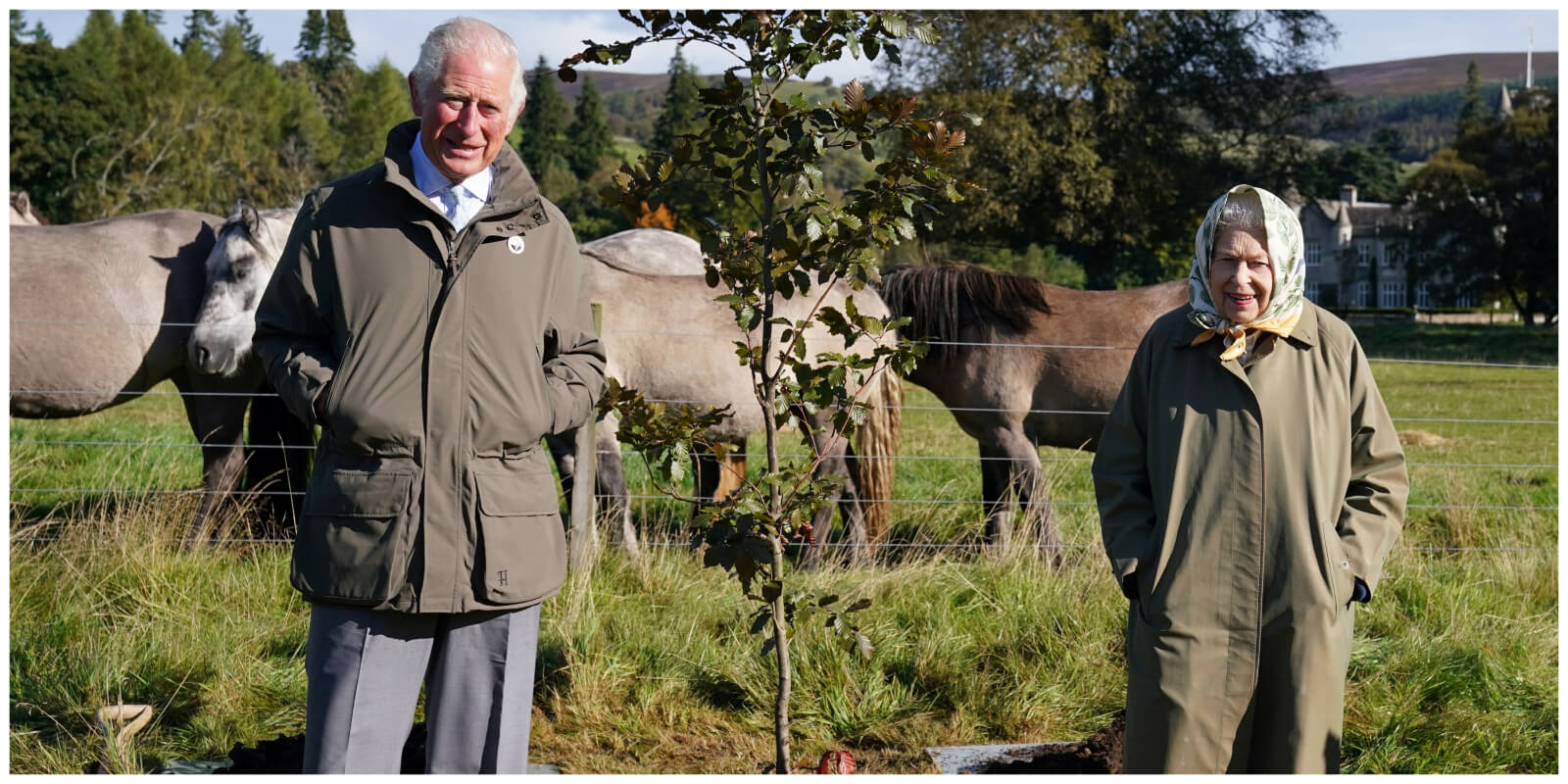 King Charles poses alongside Queen Elizabeth to kick off the queen's green canopy initiative in 2021.