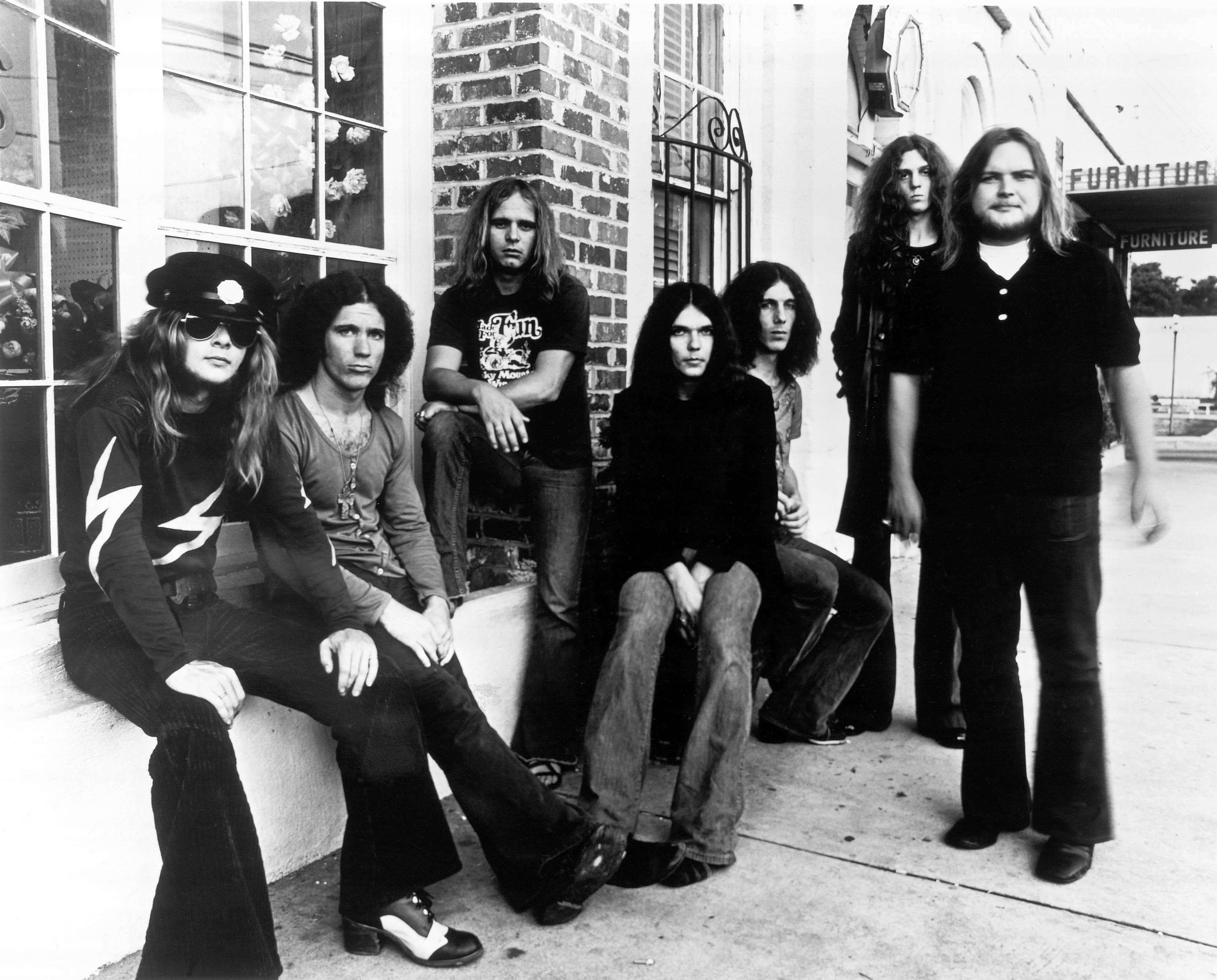 "Free Bird" band Lynyrd Skynyrd in black-and-white