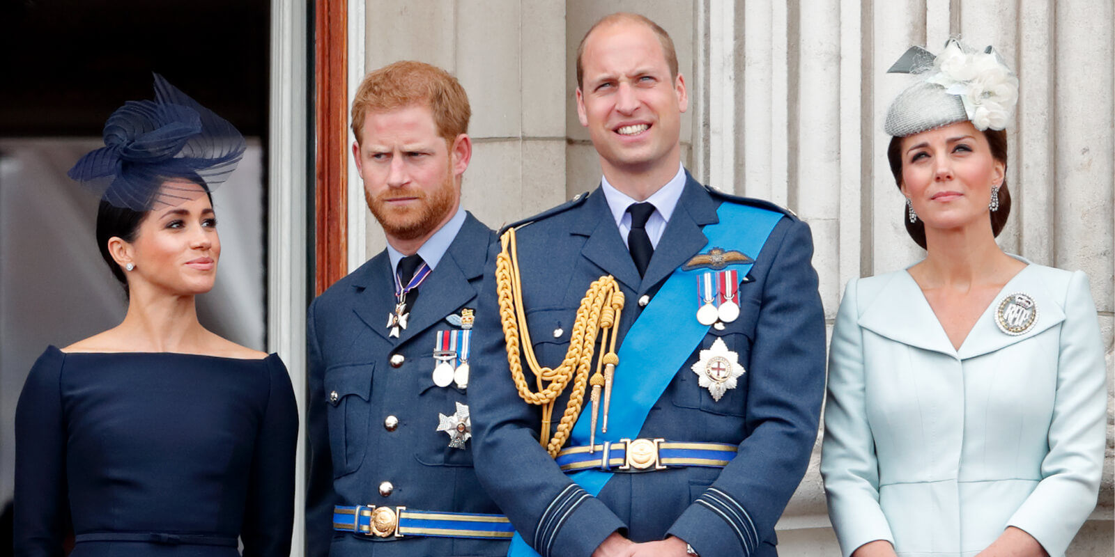 Meghan Markle, Prince Harry, Prince William and Kate Middleton appear on the Buckingham Palace balcony in 2018.