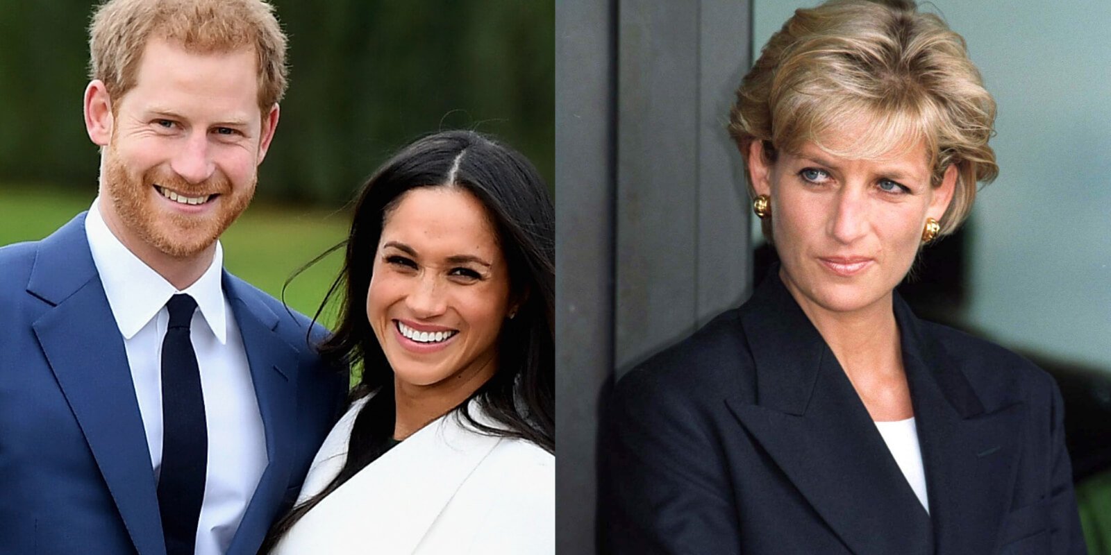 Prince Harry, Meghan Markle in a side by side photo collage with the late Princess Diana.