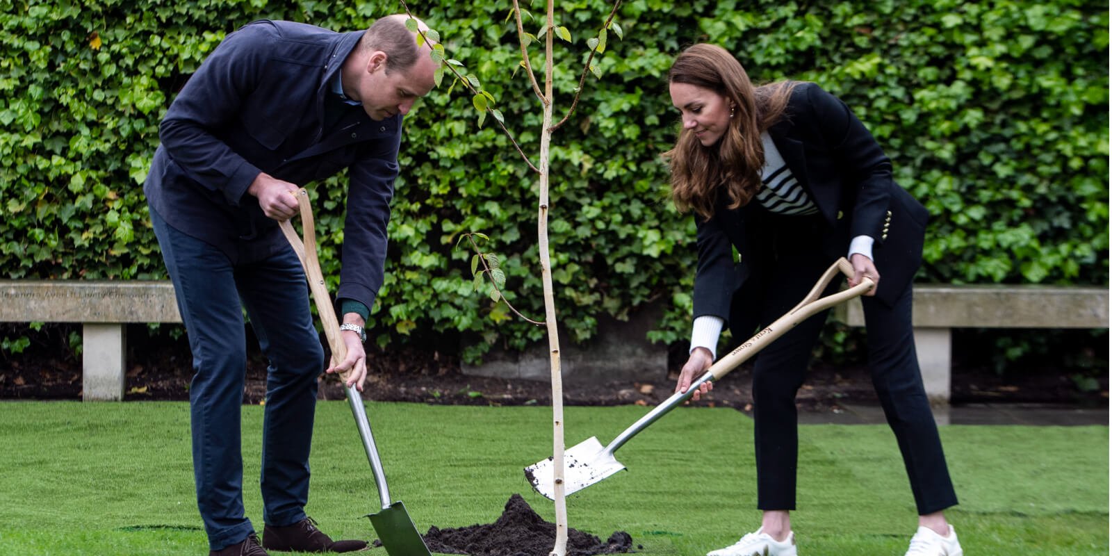 Prince William and Kate Middleton plant a tree in honor of Queen Elizabeth's initiative at ther alma mater, St. Andrews University in Scotland.