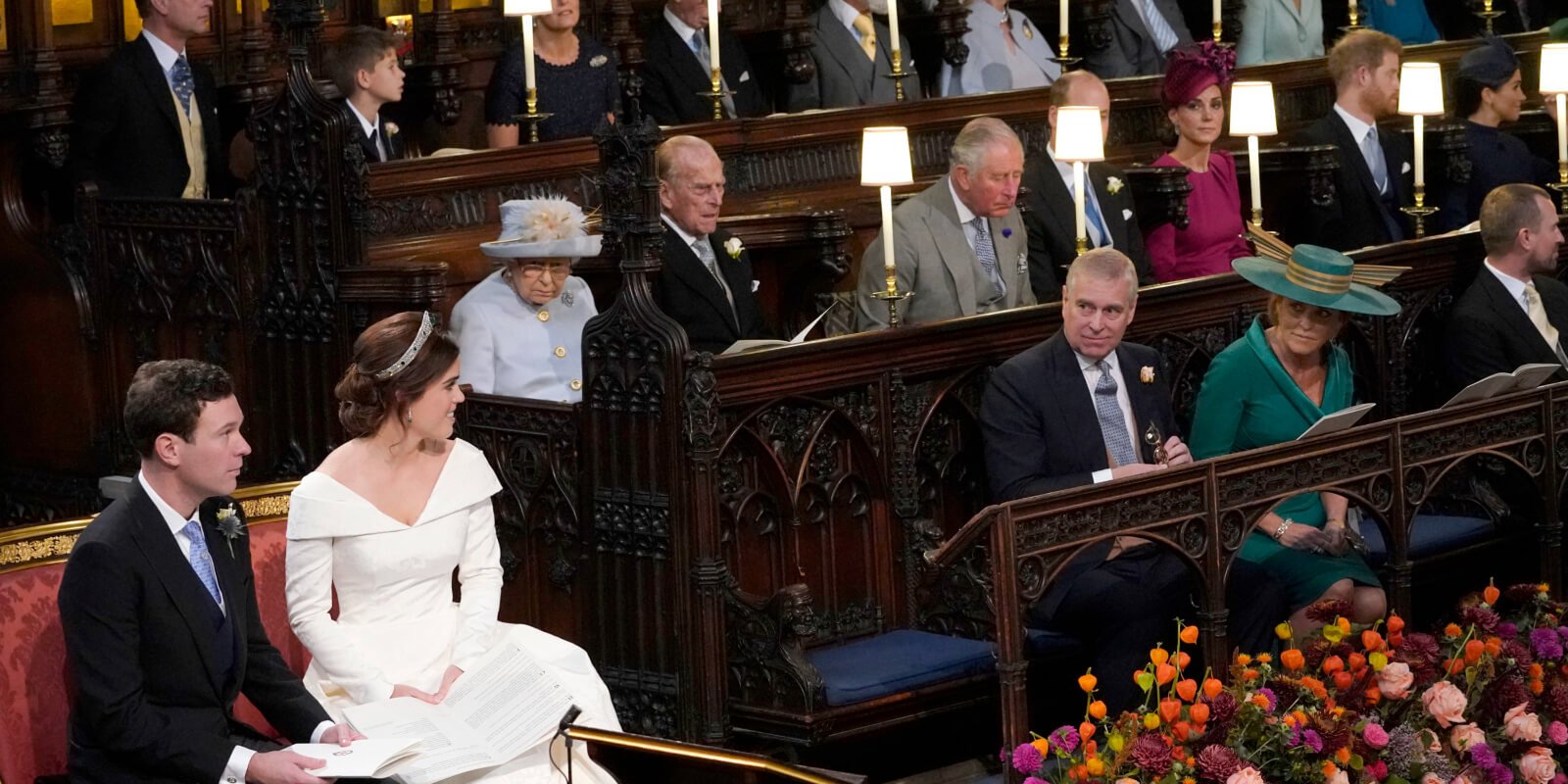 Sarah Ferguson sat alongside Prince Andrew and members of the royal family, including Prince Harry and Meghan Markle, at the wedding of her daughter Princess Eugenie to Jack Brooksbank.