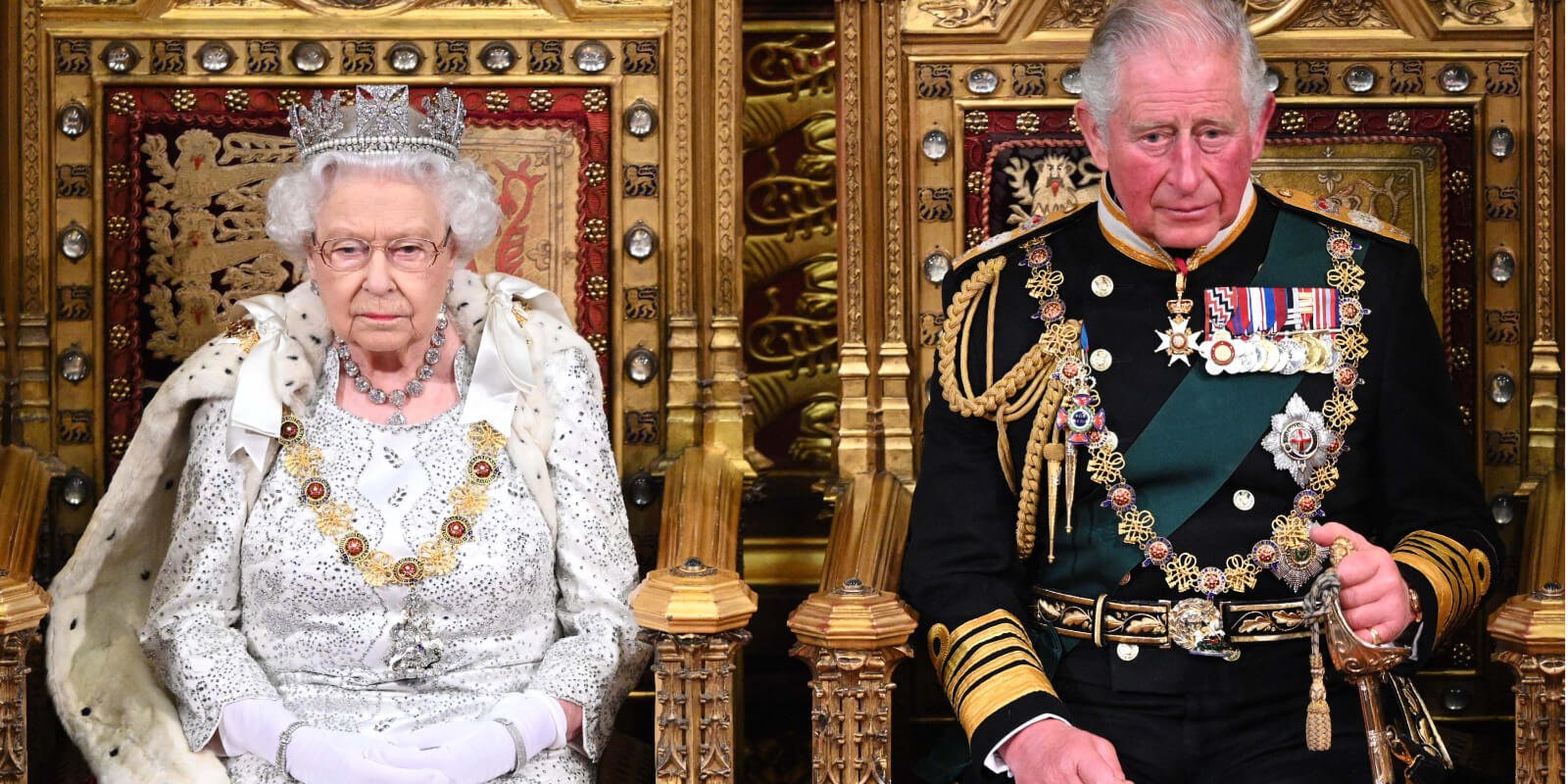 Queen Elizabeth and King Charles at the State Opening of Parliament at the Palace of Westminster on October 14, 2019, in London, England.