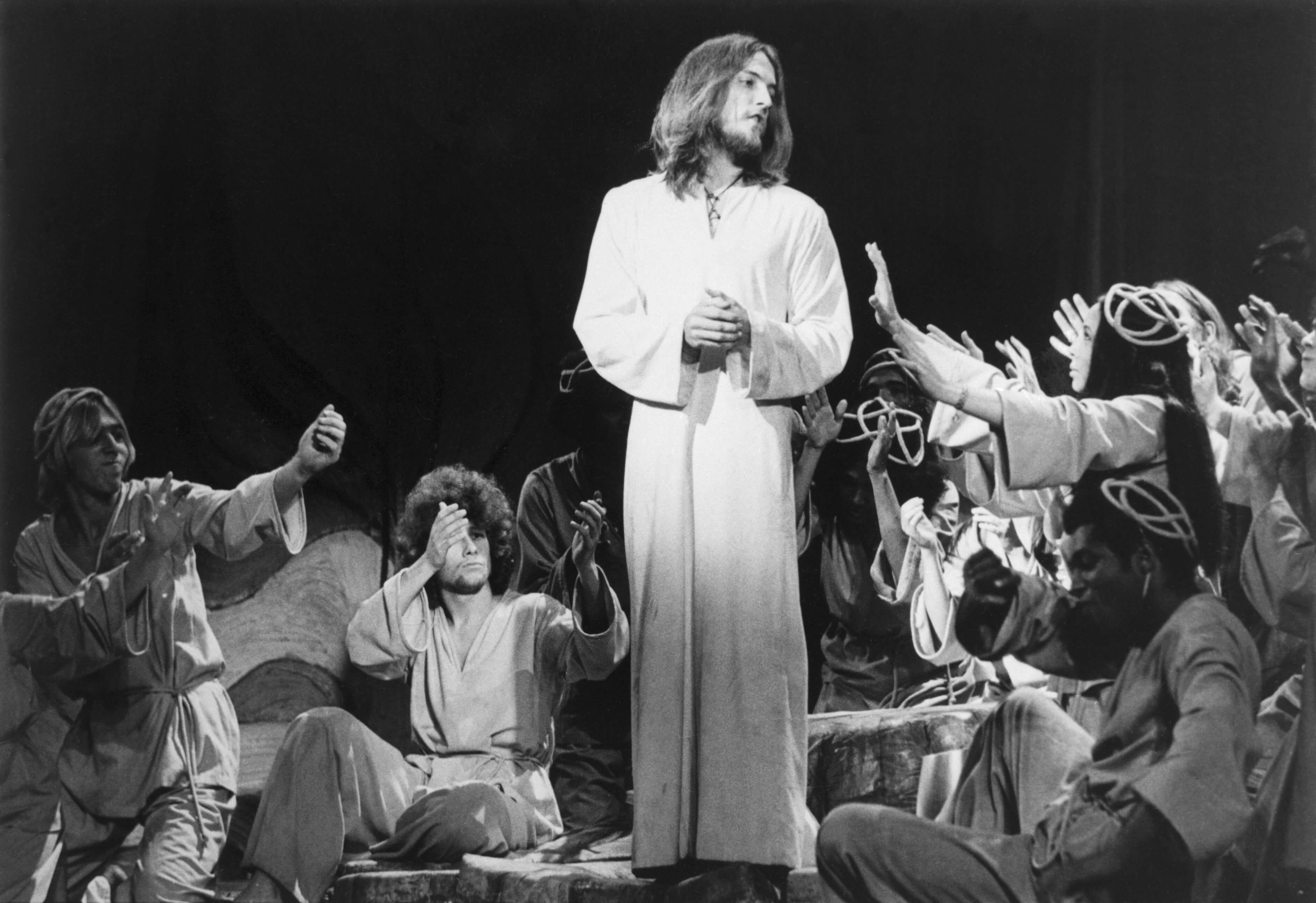 A black-and-white photo of Jesus depicted in a production of 'Jesus Christ Superstar'